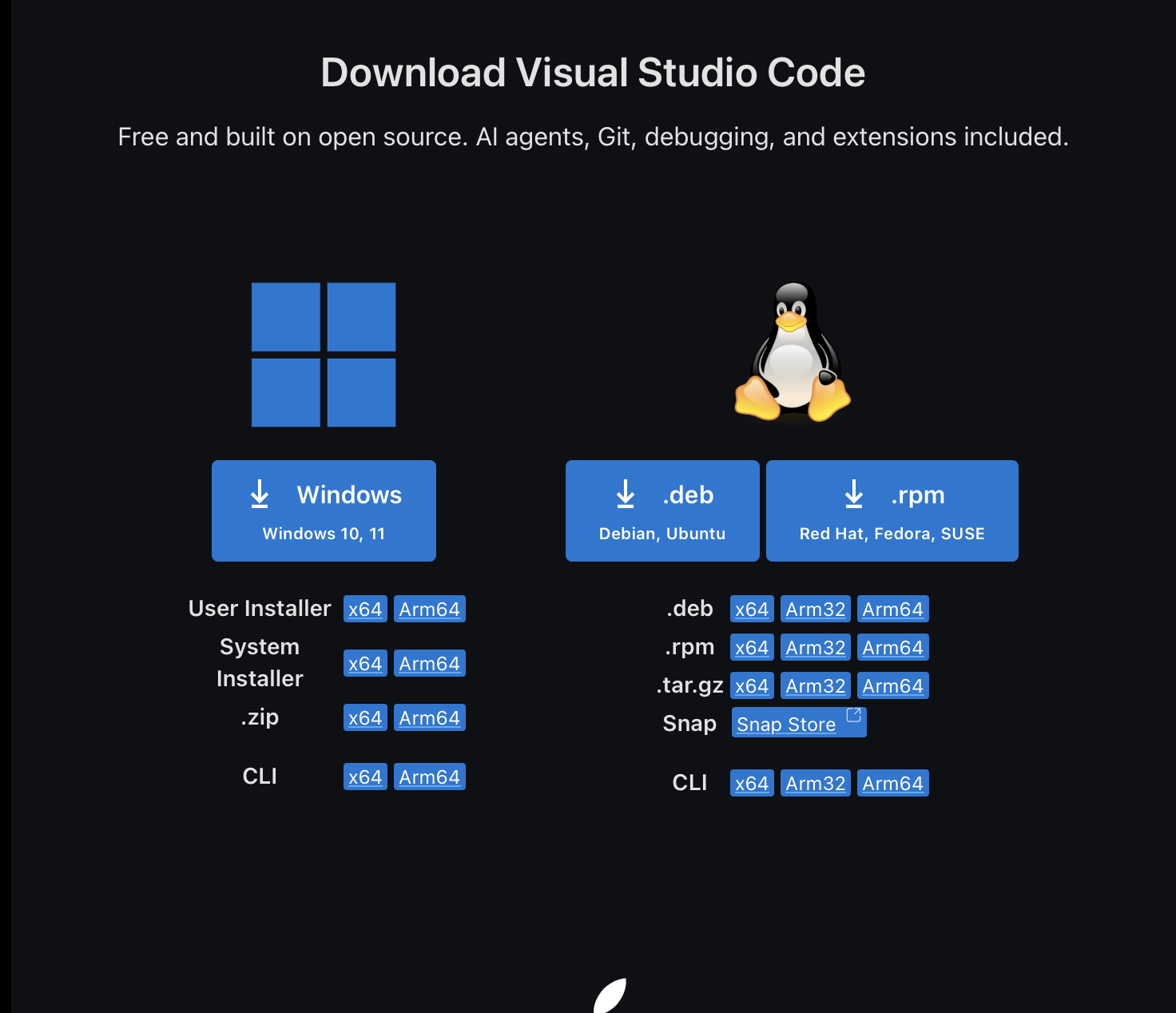 Visual Studio Code download page with installers for Windows, Linux and the CLI