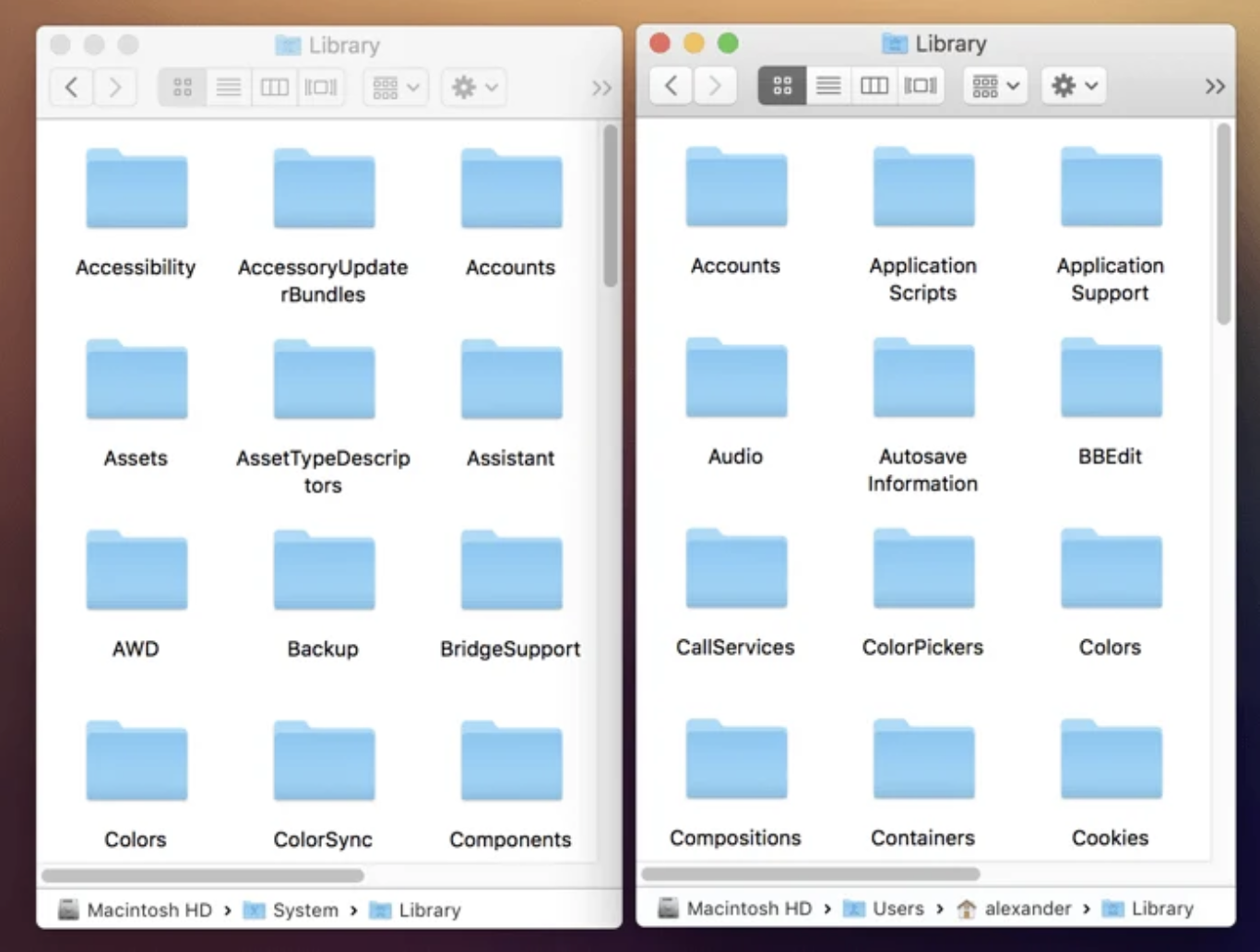 macOS Library folders shown in two Finder windows