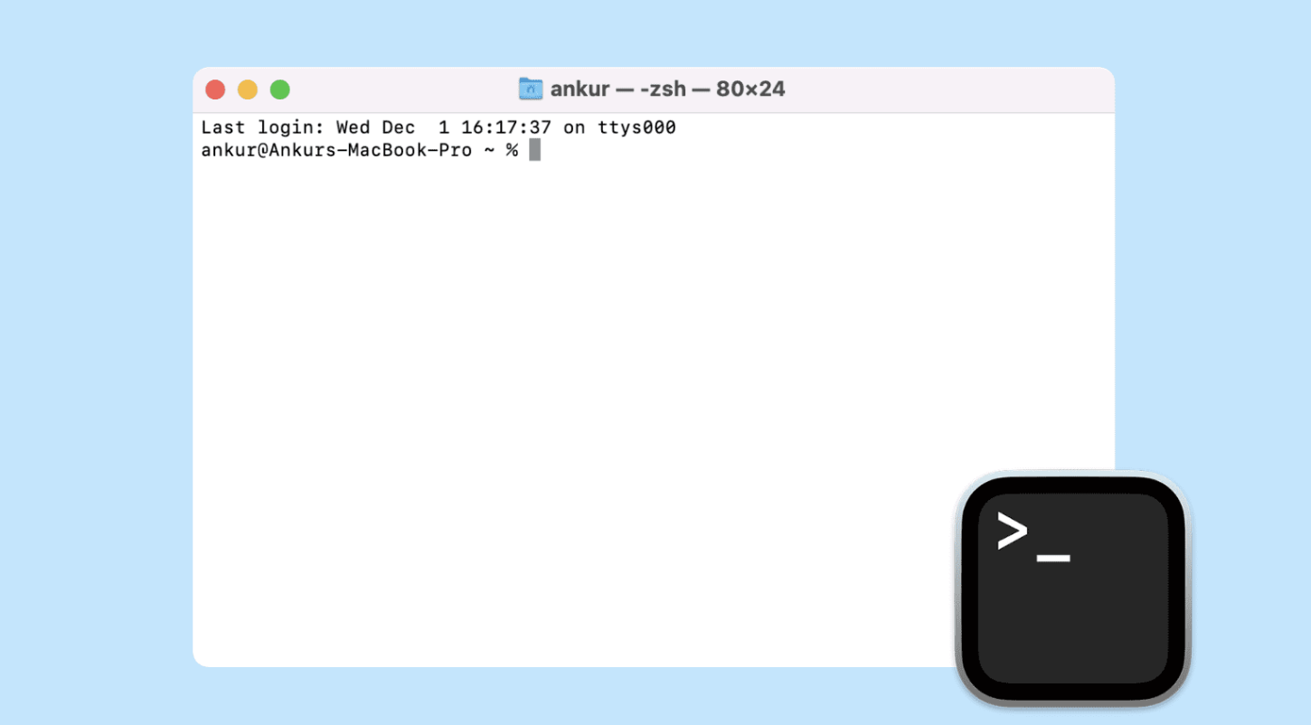 A macOS Terminal window running zsh, ready for commands