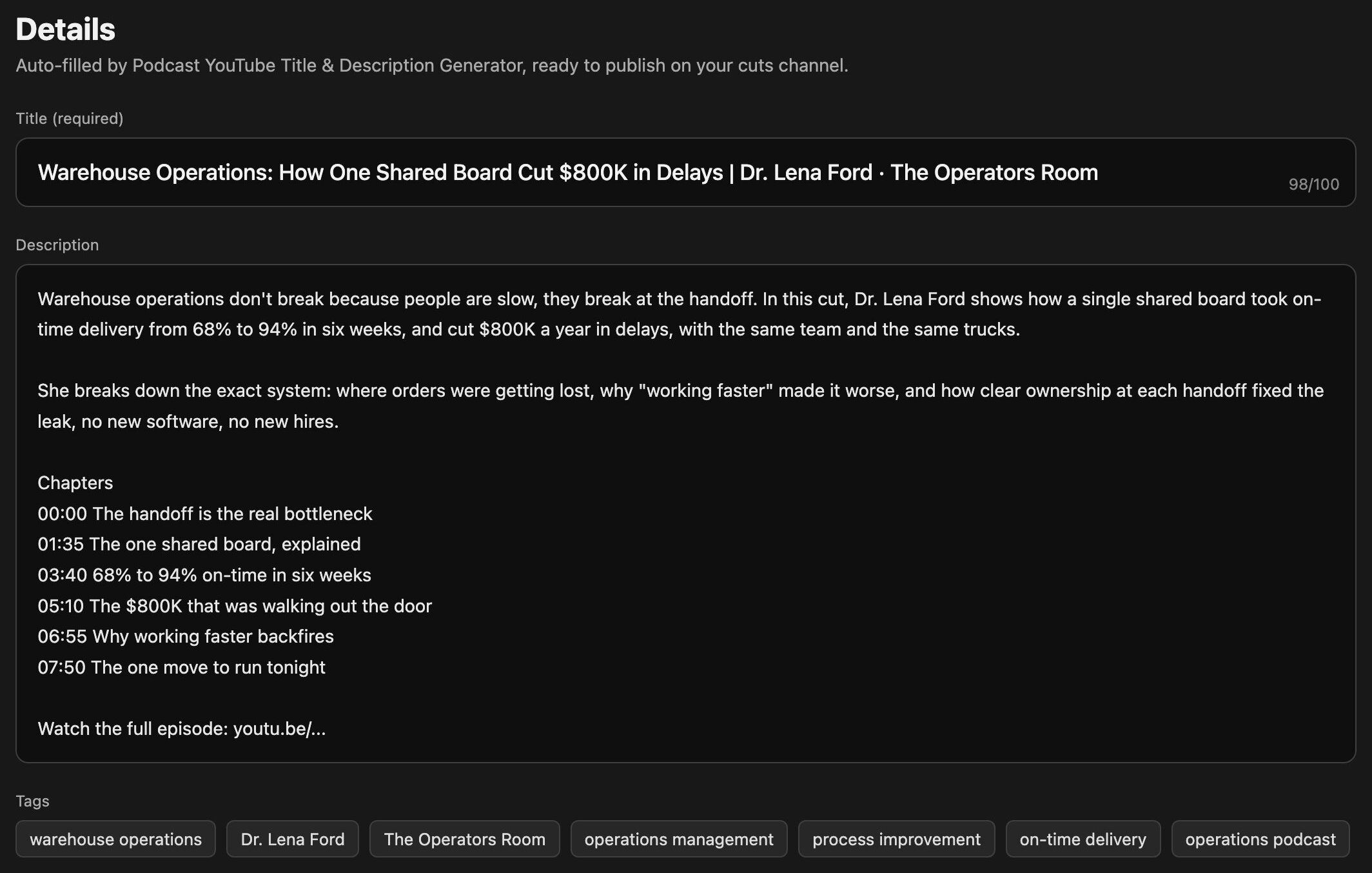 The generated title, description, chapters and tags auto-filled into a YouTube upload screen (demo).